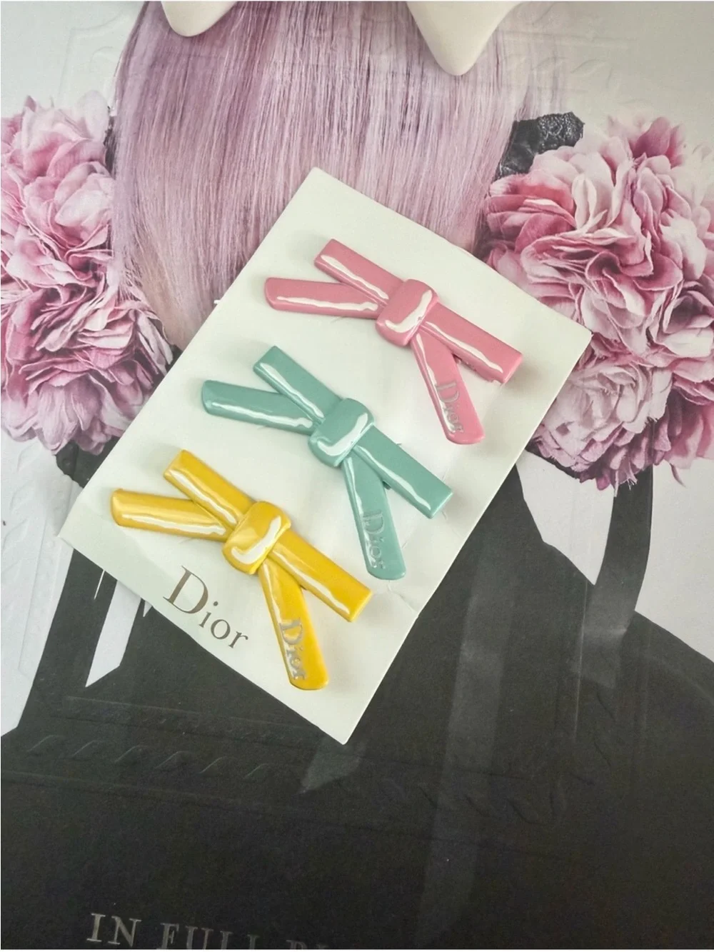 Dior Ribbon Hair Clips in Pink, Teal, Yellow